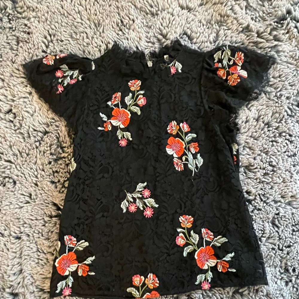 Rebecca Taylor Black and Pink Ruffled Mandarin Collar Blouse - USED